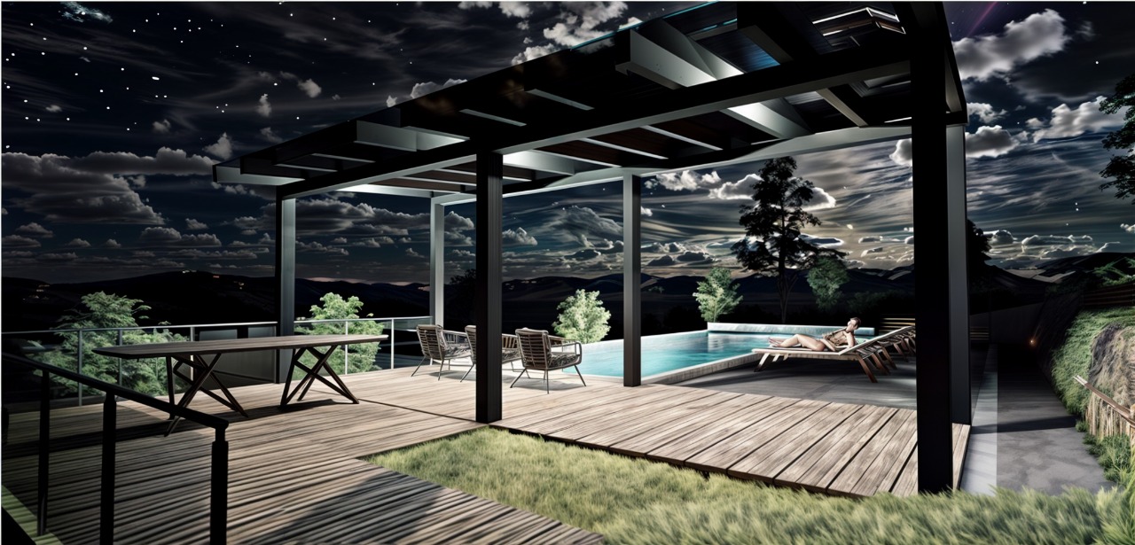 Diseño de piscina residencial con área de descanso y jardín